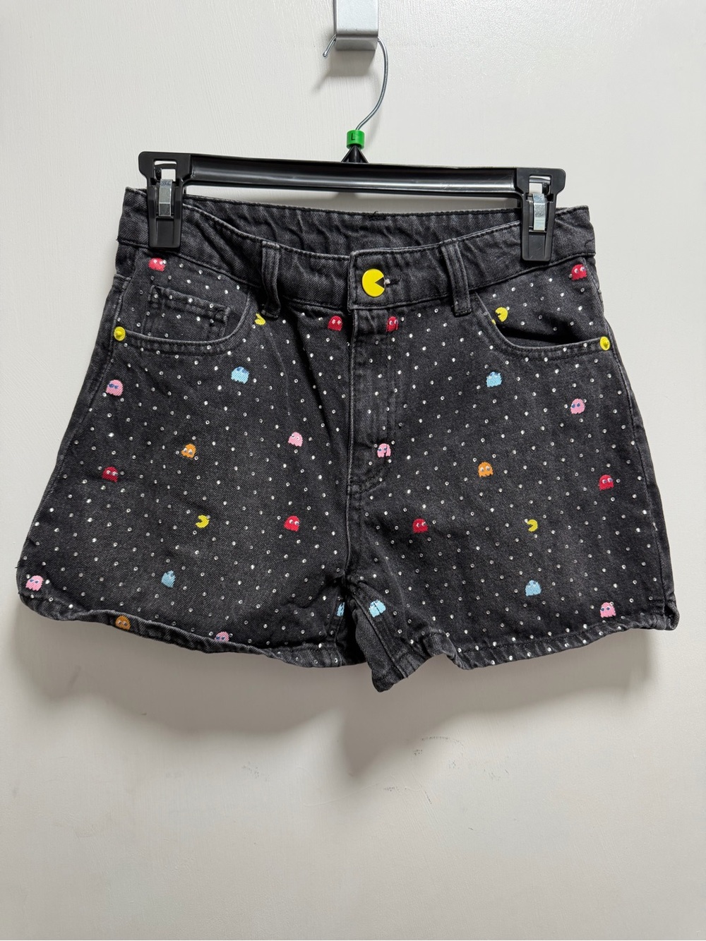 Justice Girl’s Pac-Man Denim Jean Shorts Sz 14 80s Embellished Bedazzled